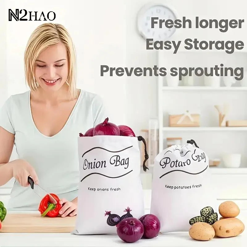 sac rangement légumes blanc imprimé fraîcheur corde nouer potatoes onions simple pratique