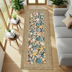 tapis long plage bleu beige motifs vagues sable coquillages moderne 40x120cm