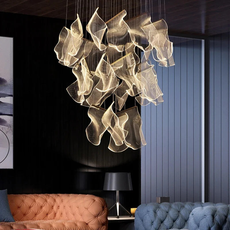 suspension lumineuse contemporaine dorée organique ondulée chaînes suspendues flux lumineux élevé certification rohs ul