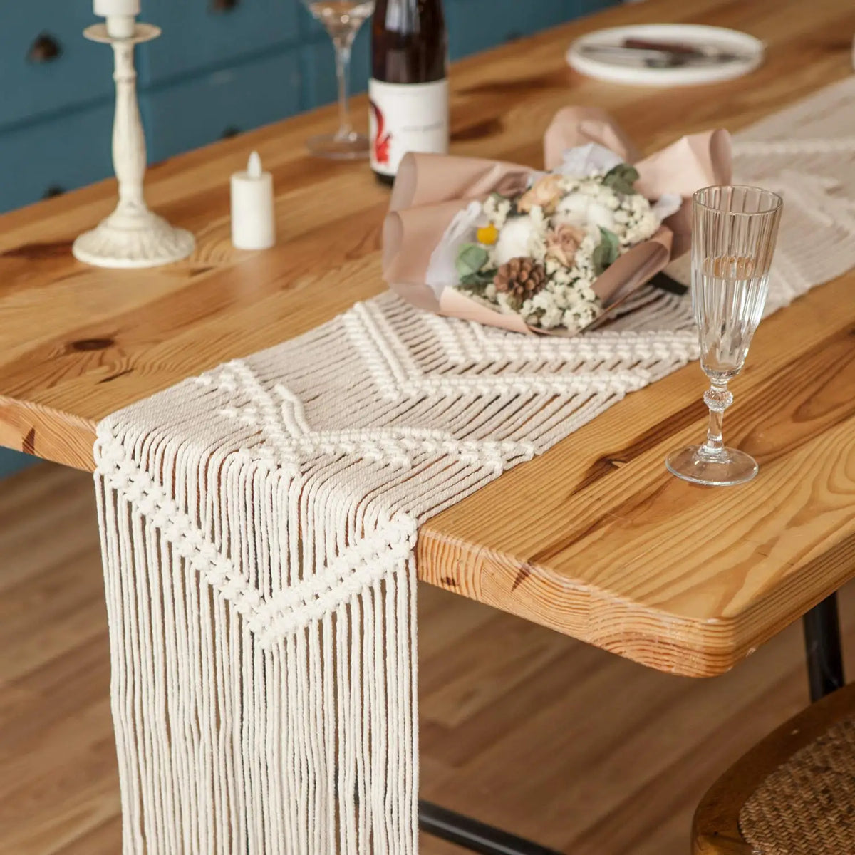 tableau chemin table coton blanc tissé main franges boho artisanal