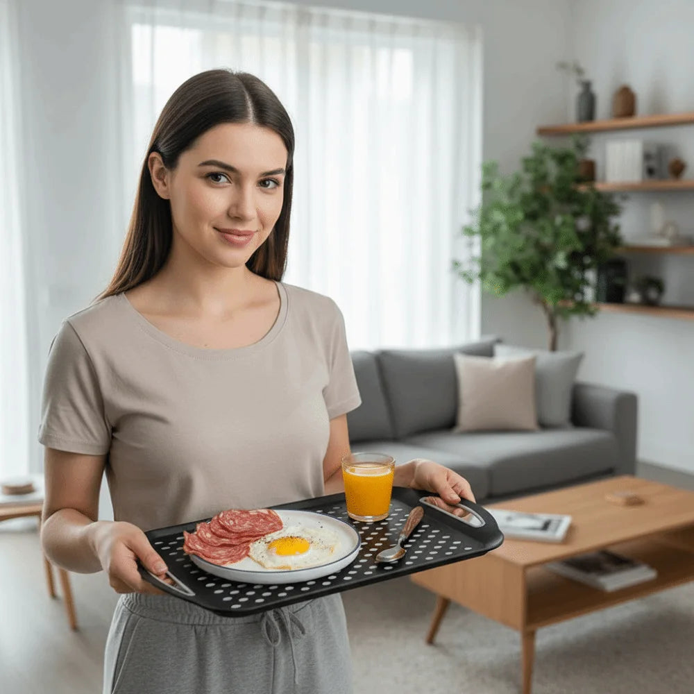 plateau service alimentaire moderne noir blanc assiette tasse couverts restaurant minimaliste