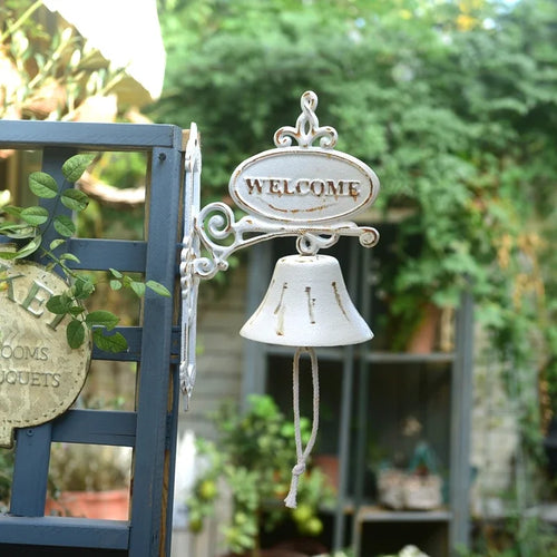 cloches décoratives vintage rustiques clochette double face accroche mur plaque bienvenue métal blanc gris
