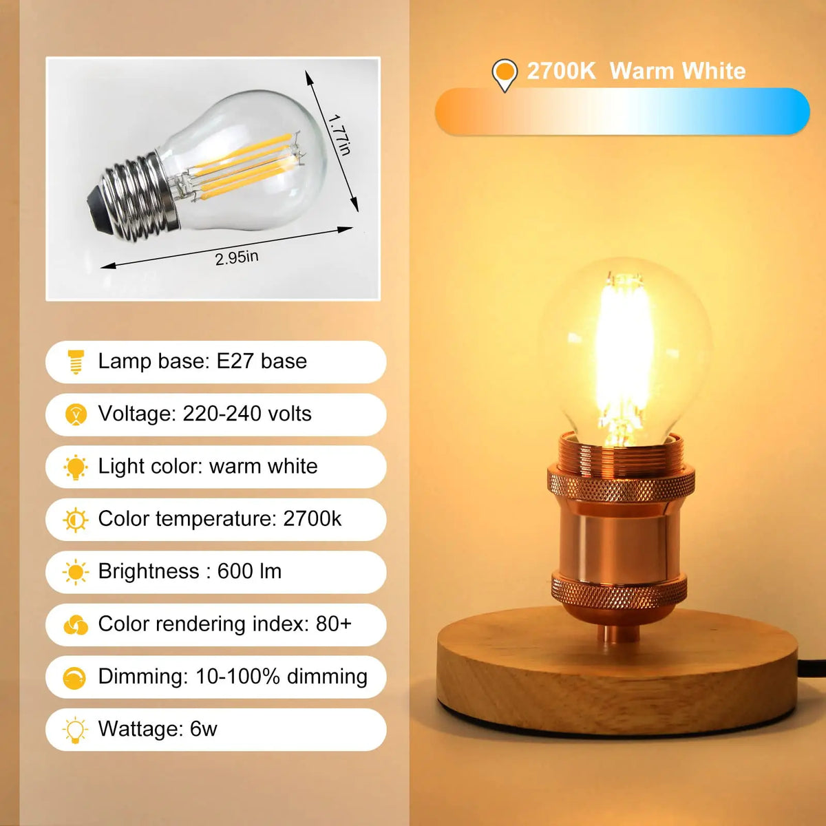 ampoules led filament blanc vintage opalescent e27 2700k transparentes jaune doré 25000h 6w