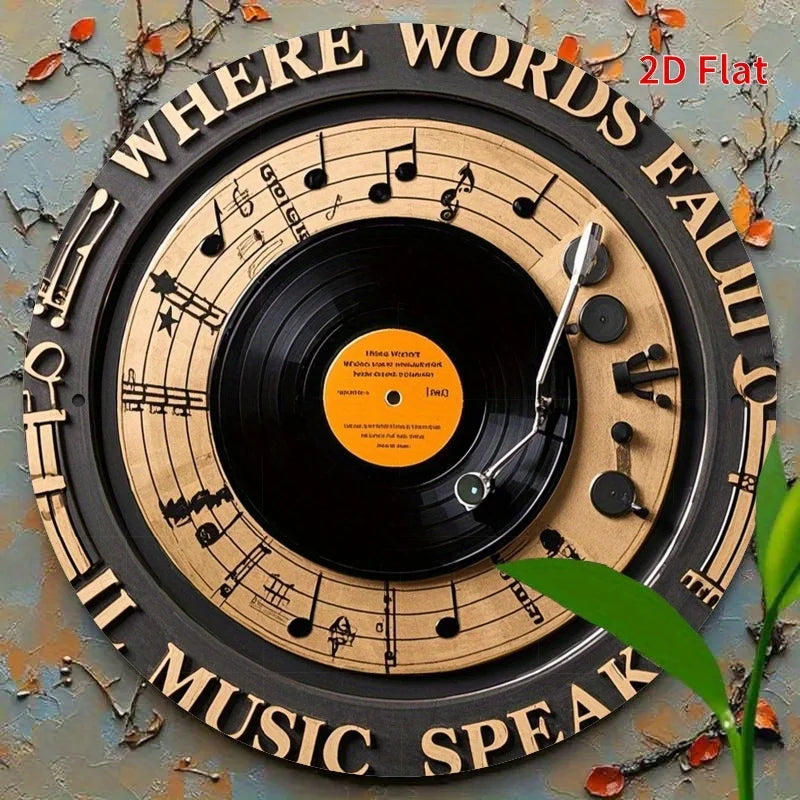 décoration murale disque vinyle notes musicales où mots échouent musique parle noir beige 20cm