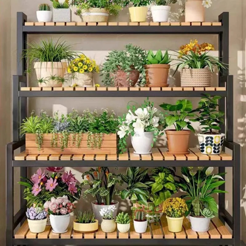 étagère métal bois plantes balcon intérieur extérieur moderne industrielle roulettes pots fleurs verte