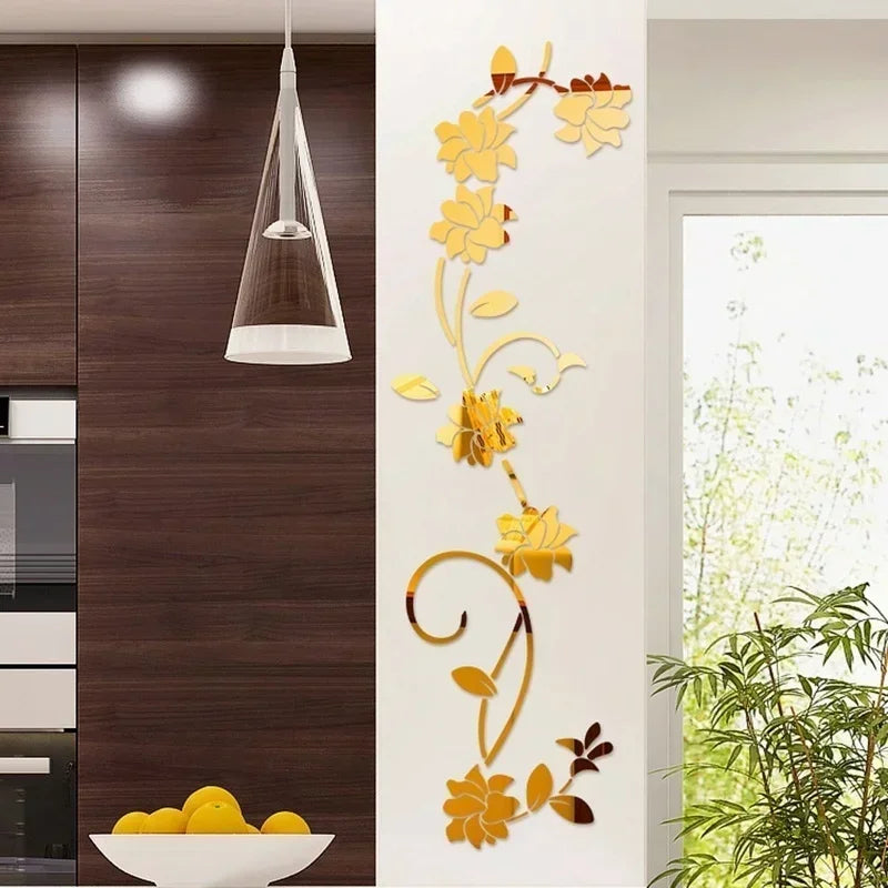 sticker mural fleurs or argent noir moderne adhésif décoration intérieure chambre salon 3d plantes