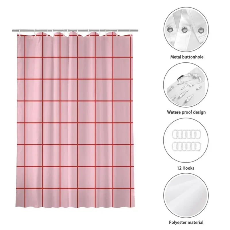 rideau douche moderne rose motif grille rouge minimaliste tissu polyester opaque