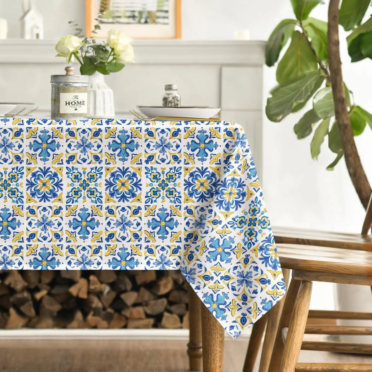 nappe table moderne motif carreaux bleus polyester réutilisable dimension 140x140cm festive déco mariage