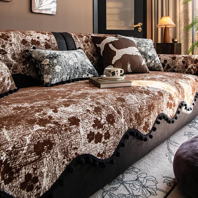 housse canapé moderne blanche taches noires pompons décoratifs protection salon tissu polyester élégant