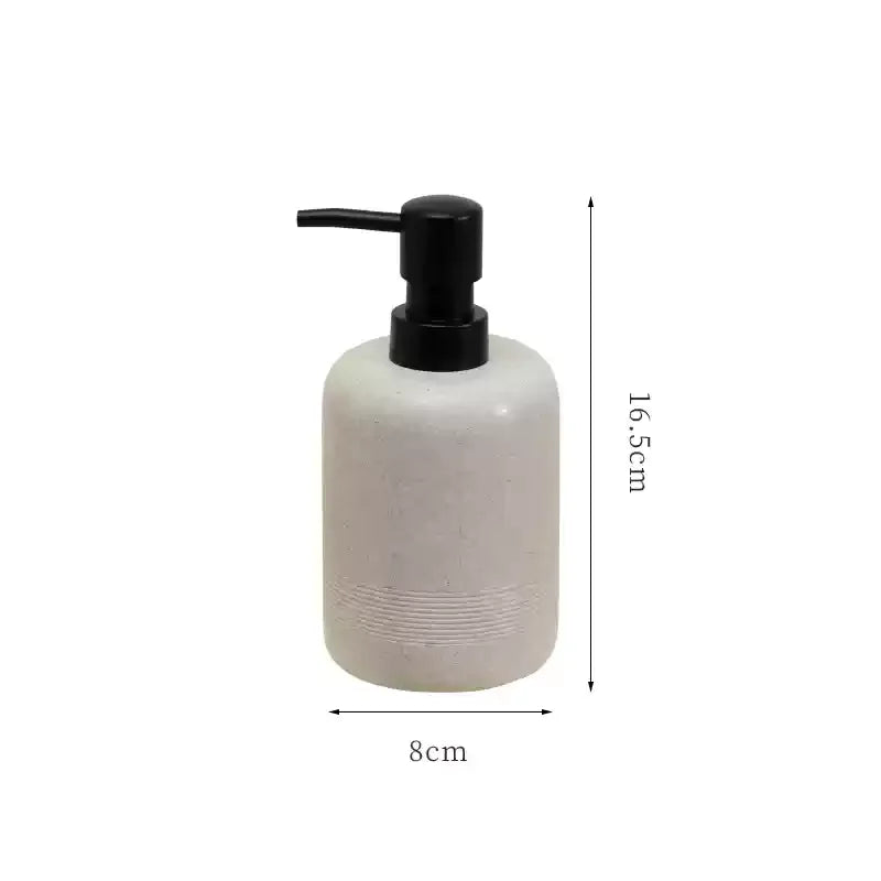 ensemble salle bain moderne beige clair plateau gobelet trousse coton flacon savon brosse dents