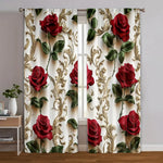 rideau classique roses rouges feuilles vertes motifs dorés polyester blanc rouge vert opaques