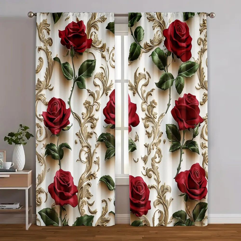 rideau classique roses rouges feuilles vertes motifs dorés polyester blanc rouge vert opaques