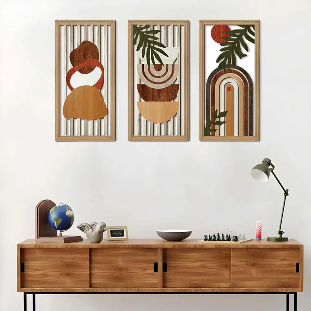 panneaux decoratifs bois clair geometrie feuilles palmier boheme moderne minimalist arcs formes abstraites