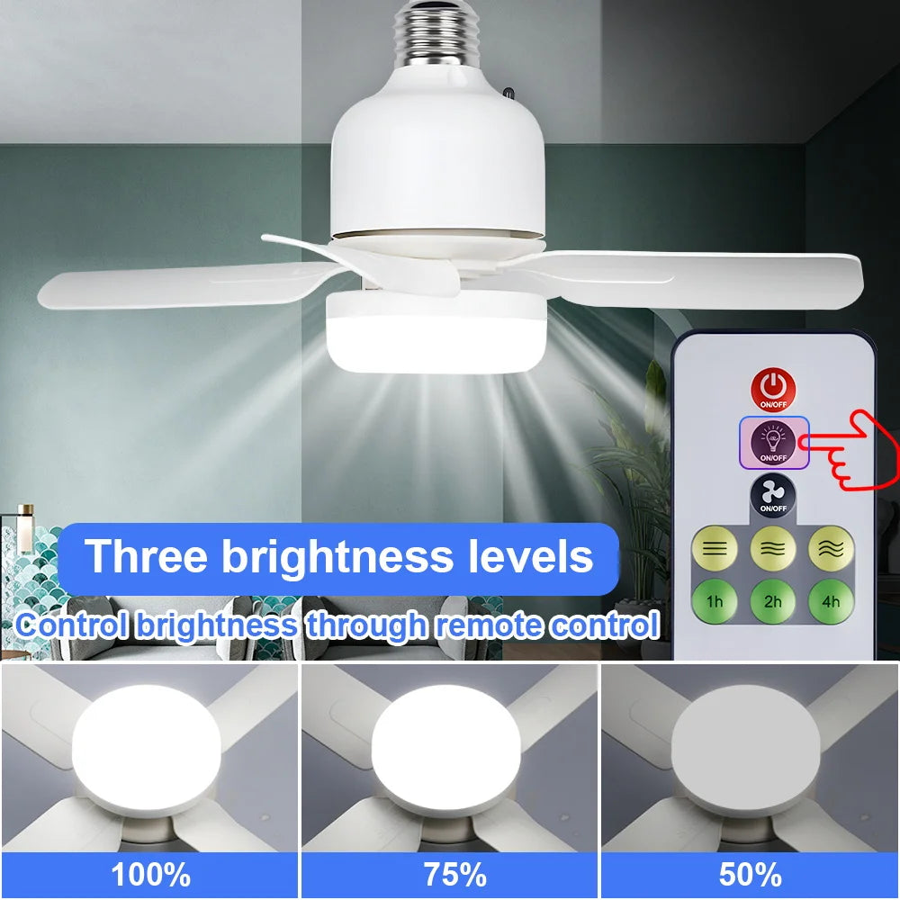 ventilateur led lumière intégrée blanc moderne télécommande trois vitesses niveaux luminosité