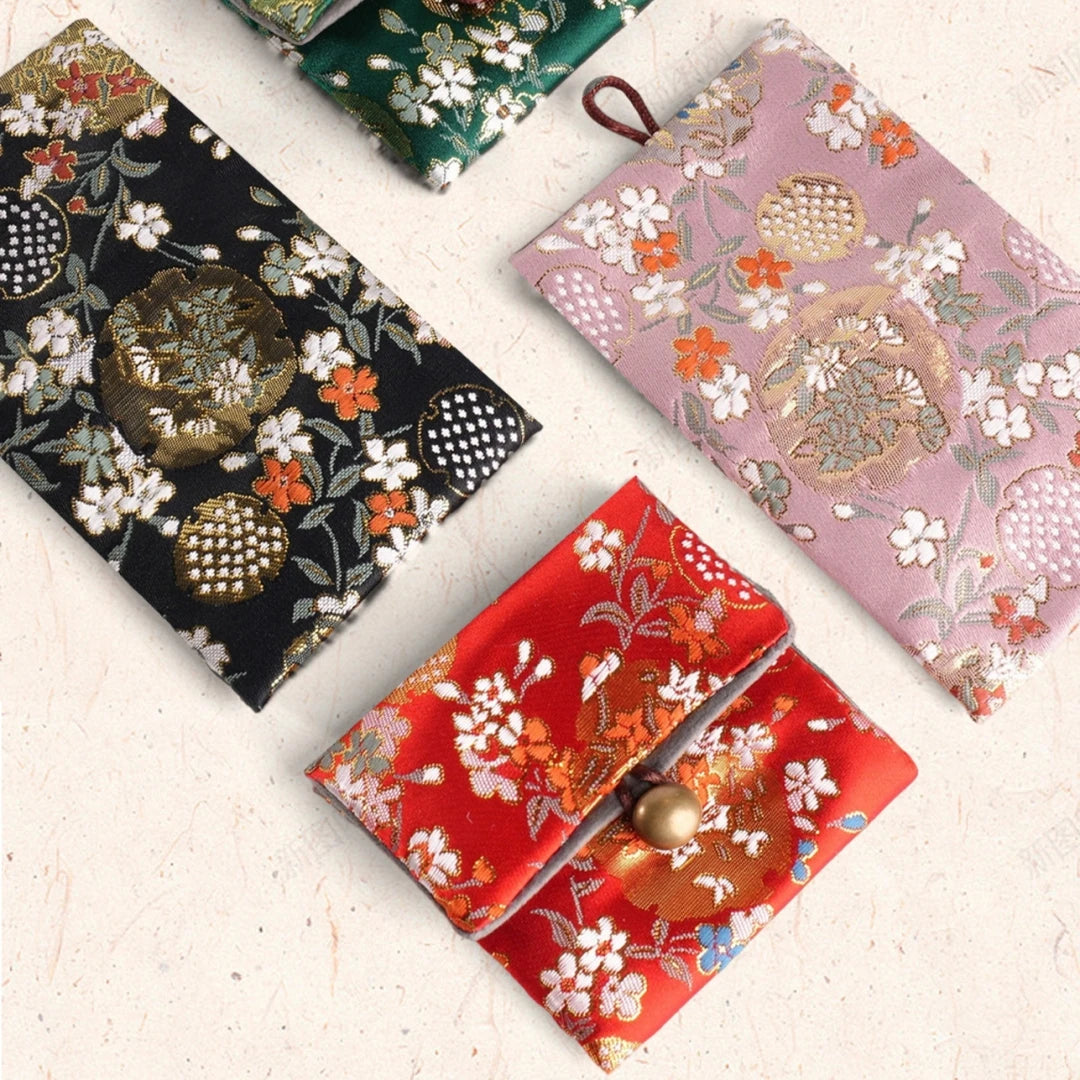 porte bijoux réutilisable tissu polyester fleurs motif floral bouton doré violet noir rouge vert