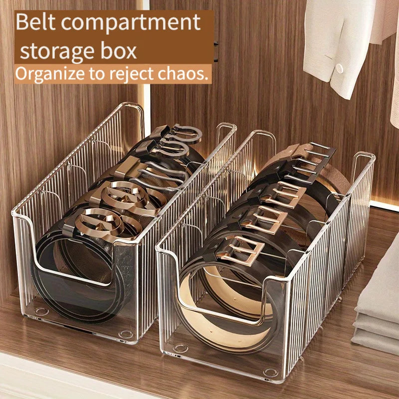 boîte rangement ceintures transparentes modernes grilles rides verticales clips organisation minimaliste chambre wardrobe