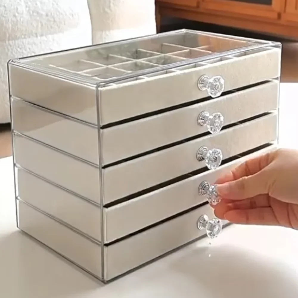boîte bijoux velours blanc moderne poignées cœur transparente rangement colliers boucles doreilles