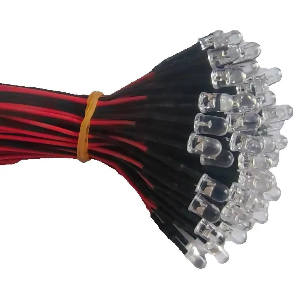 ampoules led pré câblées 5mm 3mm transparentes opalescentes rondes lisses fil rouge noir diodes