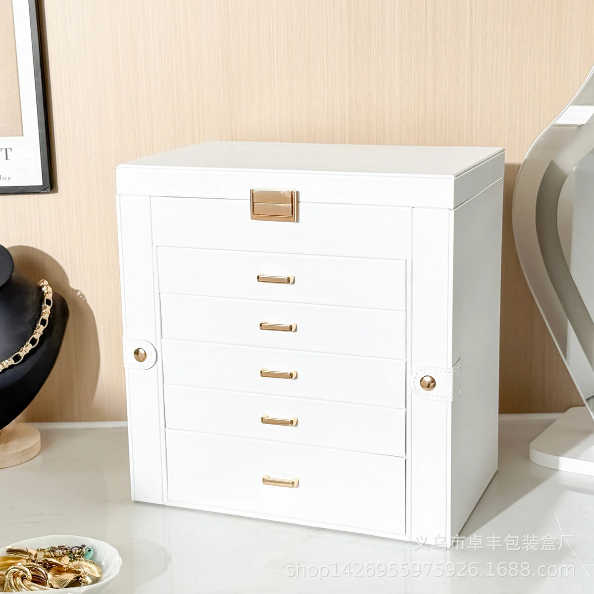 boîte bijoux moderne pliable miroir couches simili cuir poignées dorées blanc noir