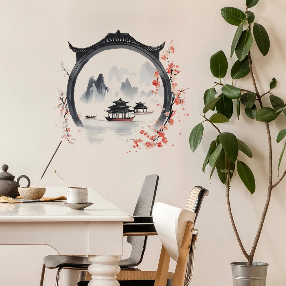 autocollant mural paysage chinois traditionnel montagnes lac pagodes fleurs cerisier noir gris rose blanc