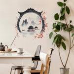autocollant mural paysage chinois traditionnel montagnes lac pagodes fleurs cerisier noir gris rose blanc