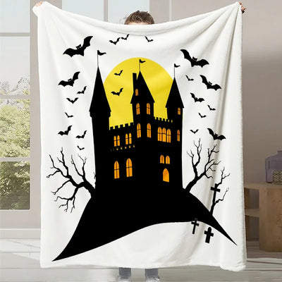 Un château hanté se dresse dans la nuit d'Halloween, entouré de chauves-souris volant dans un ciel crépusculaire.
