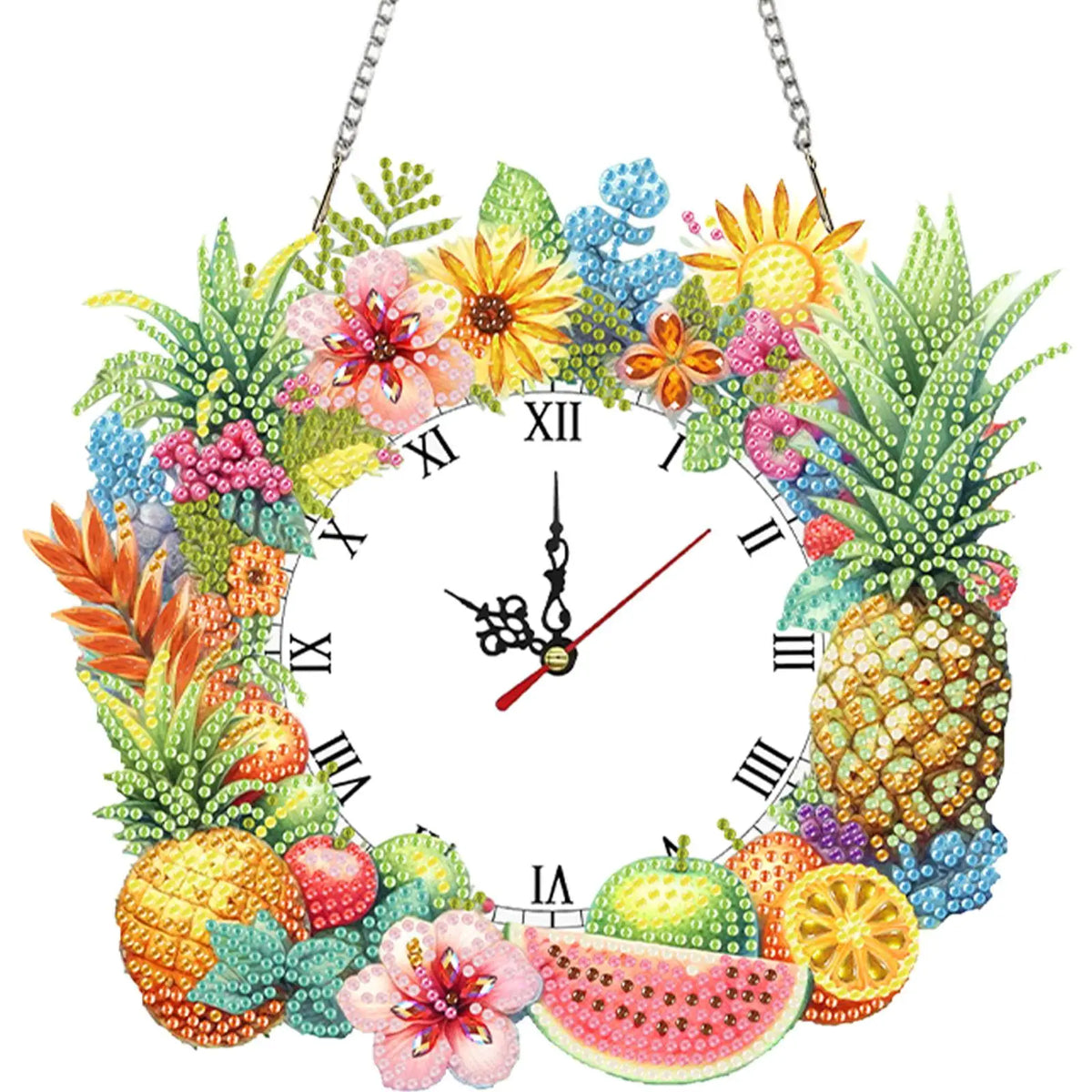 horloge suspendue 2d fleurs oiseaux motifs géométriques blanc multicolore métal chaines