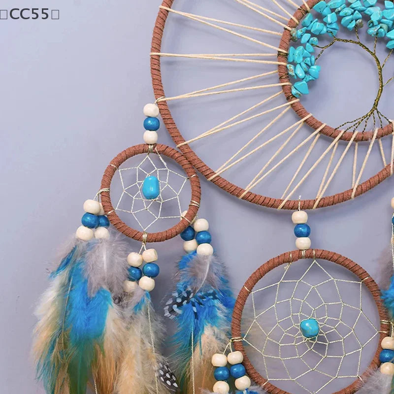 attrape rêves ethnique attrape rêves boho chic plumes bois marron bleu blanc beige