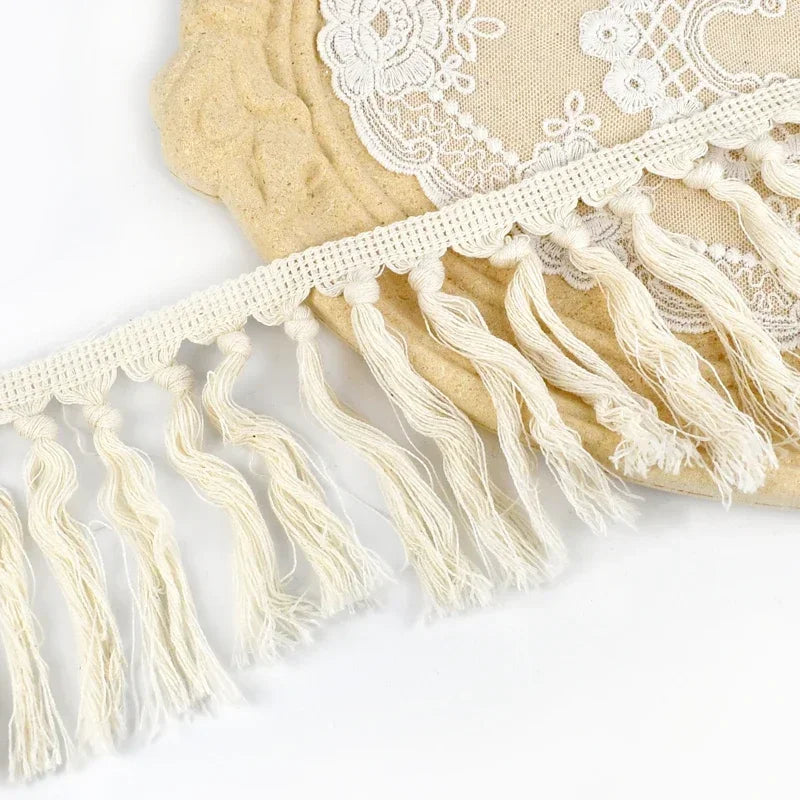 franges macramé blanc noir motifs géométriques boho artisanal 5mètres