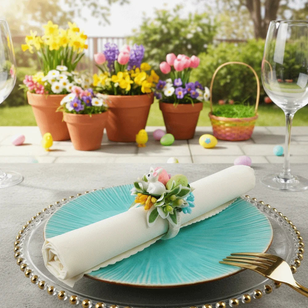 anneau serviette pâques fleurs artificielles motifs floraux blanc vert rose jaune décoration table festive
