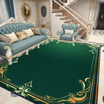 Intérieur élégant avec un canapé et un fauteuil bleu-vert, des cadres dorés et un tapis vert orné de motifs décoratifs.