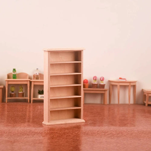 meuble miniature bibliothèque étagères bois clair maison poupée décoration enfant jouet rustic arrangement chambre