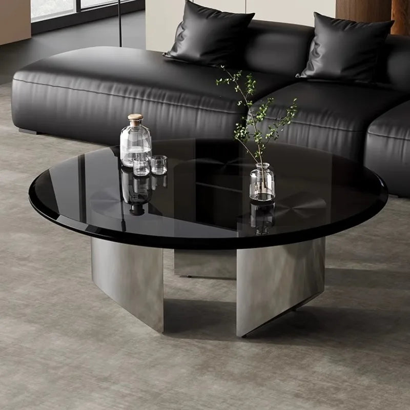 table basse moderne minimaliste métal verre lisse brillant noir argenté salon maison