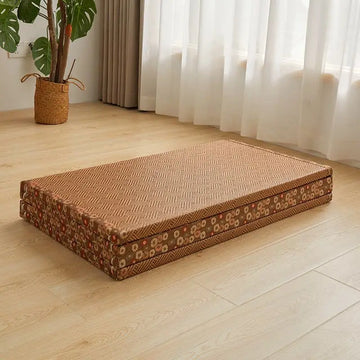 tapis sol pliable tatami japonais matelas d'été beige vert motifs géométriques tissé