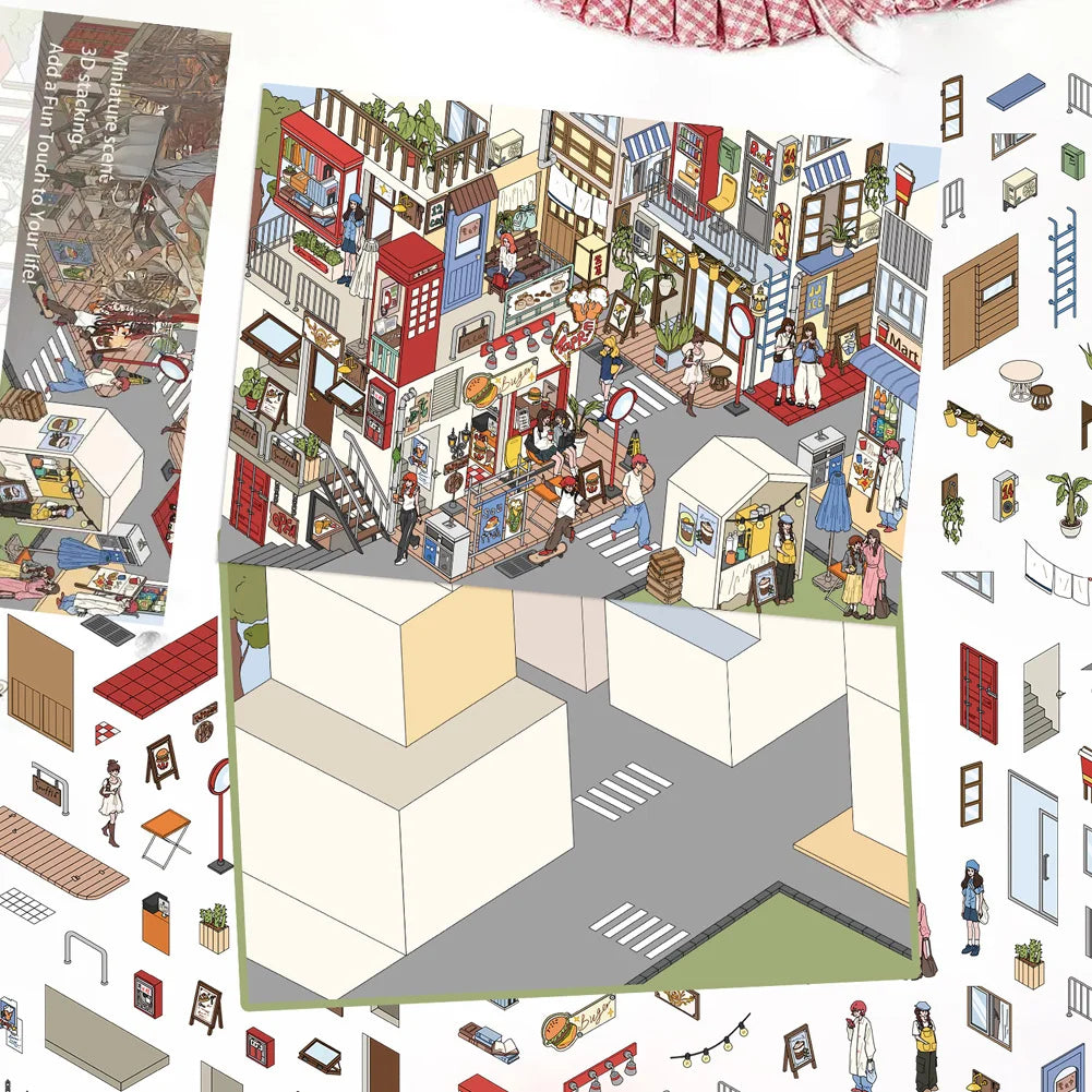 puzzle isométrique ville miniature multicolore personnages bâtiments mobilier urbain végétation panneaux publicitaires
