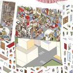 puzzle isométrique ville miniature multicolore personnages bâtiments mobilier urbain végétation panneaux publicitaires