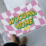 tapis d'entrée moderne carreaux noir blanc bienvenue vert lucky roseextérieur résistant