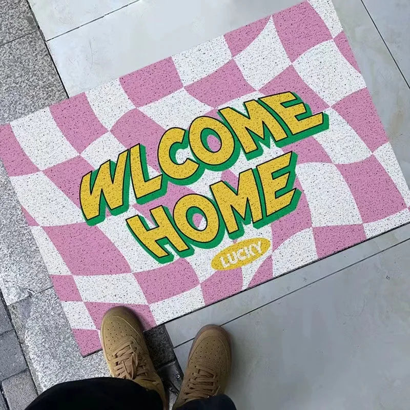 tapis d'entrée moderne carreaux noir blanc bienvenue vert lucky roseextérieur résistant