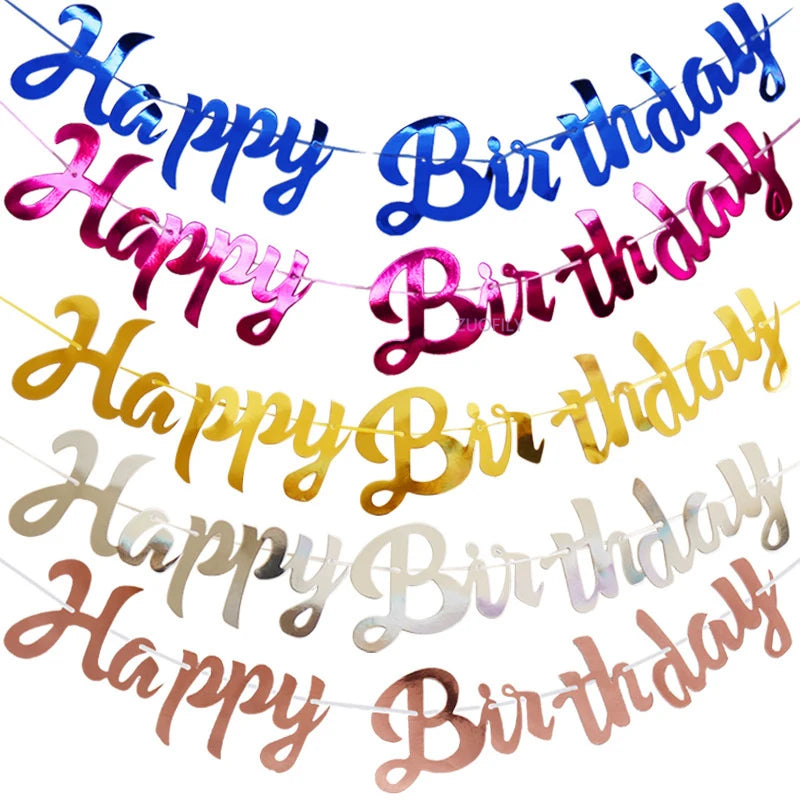 guirlande lettres happy birthday bleu rose doré cursive brillante anniversaire décoration papier foldable