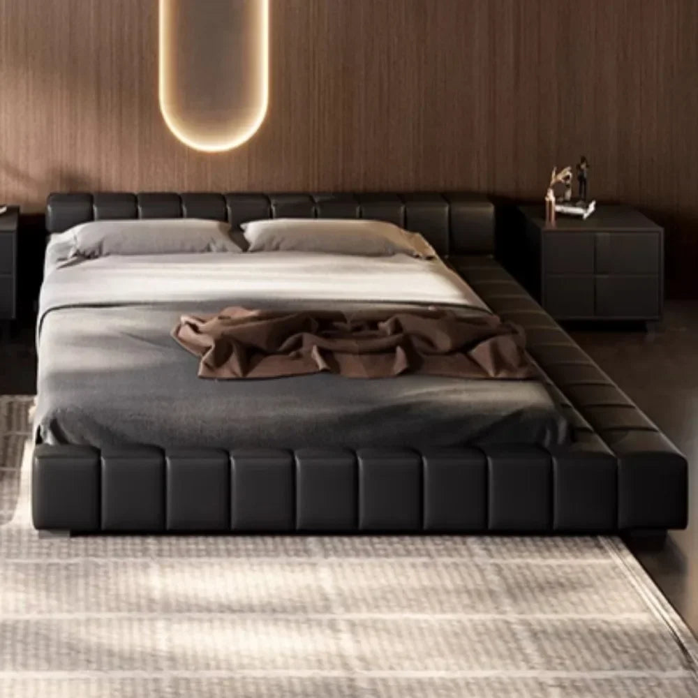 lit noir cuir carré moderne minimaliste deux places chambre maison