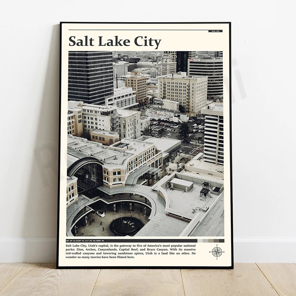 L'image montre une vue aérienne de Salt Lake City, la capitale de l'Utah, avec ses gratte-ciel et monuments emblématiques. La ville est présentée comme la porte d'entrée de cinq des parcs nationaux les plus populaires d'Amérique, avec de spectaculaires canyons et formations géologiques qui ont servi de décor à de nombreux films.