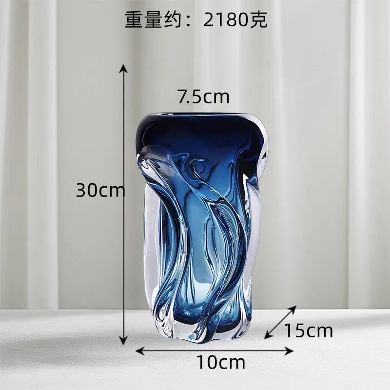 vase moderne bleu transparent ondulé marbré décoration intérieure arrangement floral hydroponique