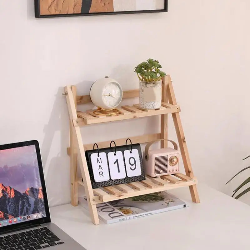 étagère pliante deux niveaux bois naturel minimaliste plantes horloge radio livres(calendar) vase