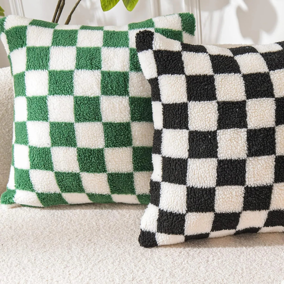 coussin fausse fourrure noir blanc motif carreaux mousse pu massage moderne lit chambre salon