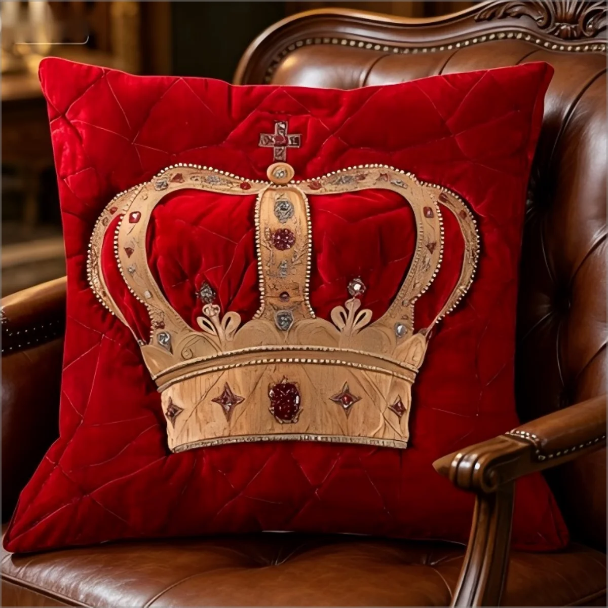 housse coussin carré velours rouge couronne dorée pierres précieuses royal décoration intérieure chambre canapé