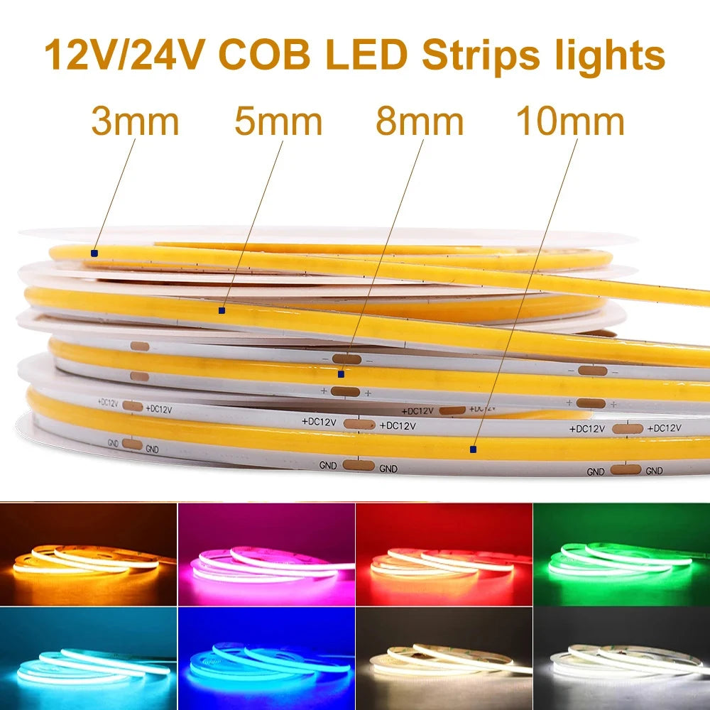 Bande LED COB 12V 24V installée sous un meuble pour éclairage décoratif