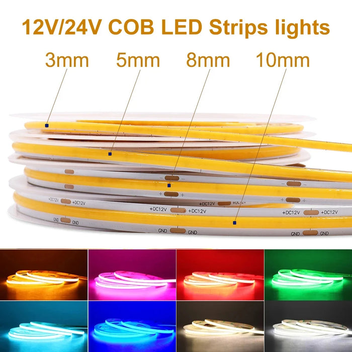 Bande LED COB 12V 24V installée sous un meuble pour éclairage décoratif