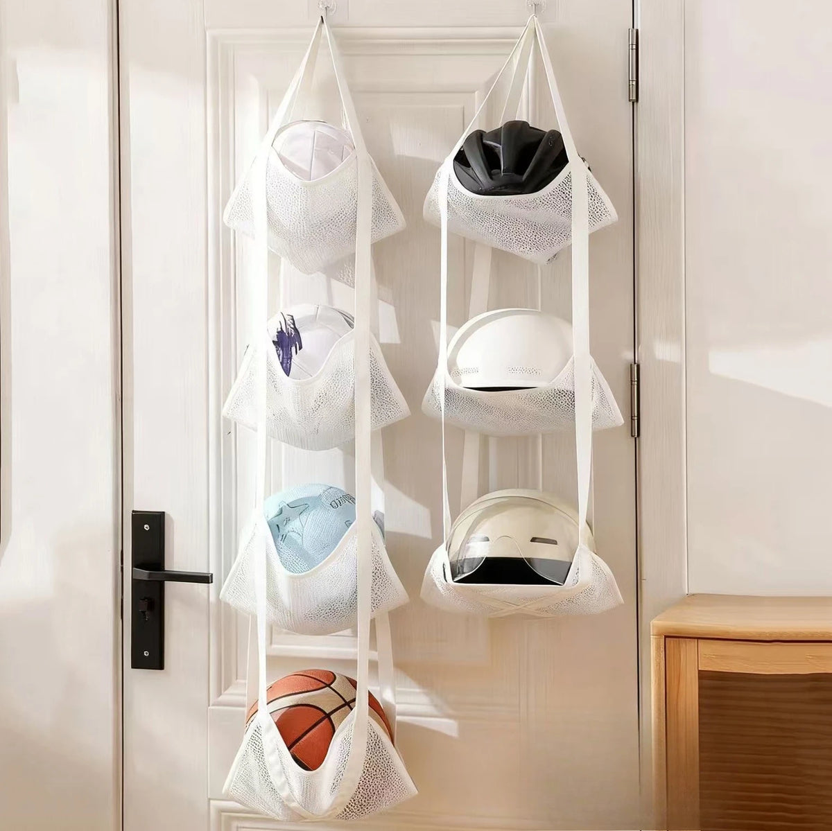 sac rangement sport balle basketball baseball violet noir blanc maille moderne crochets garage maison
