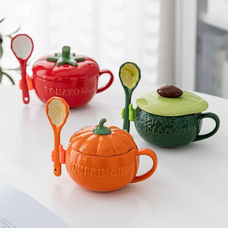 tasses porcelaine céramique motif citrouille texture rugueuse couleur orange verte rouge automnales