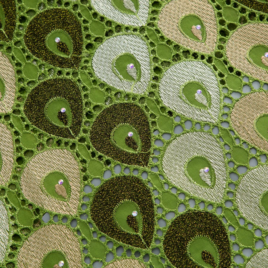 tissu dentelle brodée plumes vert marron beige jaune violet orange traditionnelle translucent 5yards